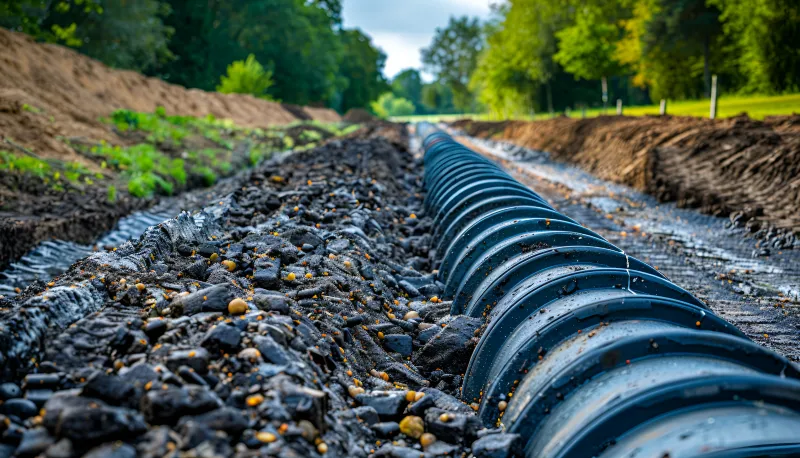 Corrugated drainage pipe being installed in a trench along a rural road in central Indiana