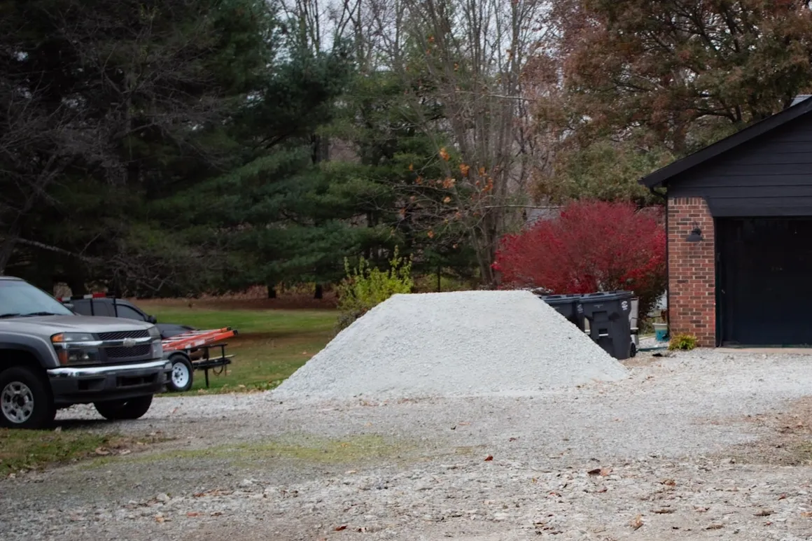 Pile of driveway gravel delivered for a project near Morristown, Indiana