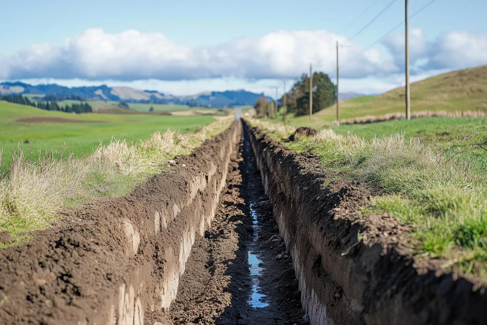 Drainage trench cut across a farm field to install and repair field tile in central Indiana