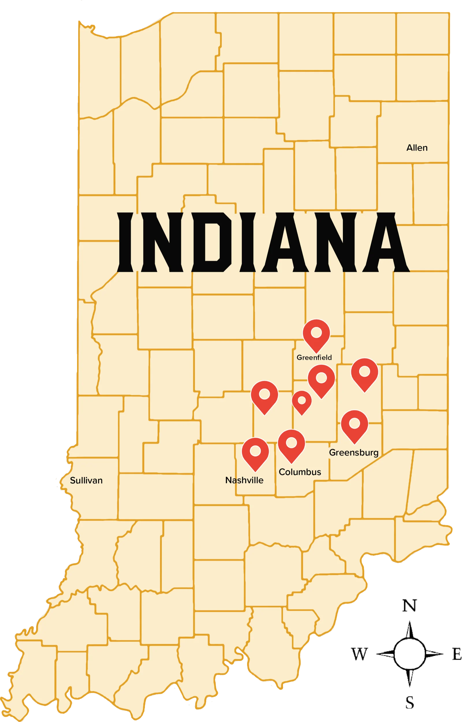 Map of the Hoosier Dirt & Gravel service area covering Shelbyville, Shelby County, and surrounding central Indiana counties