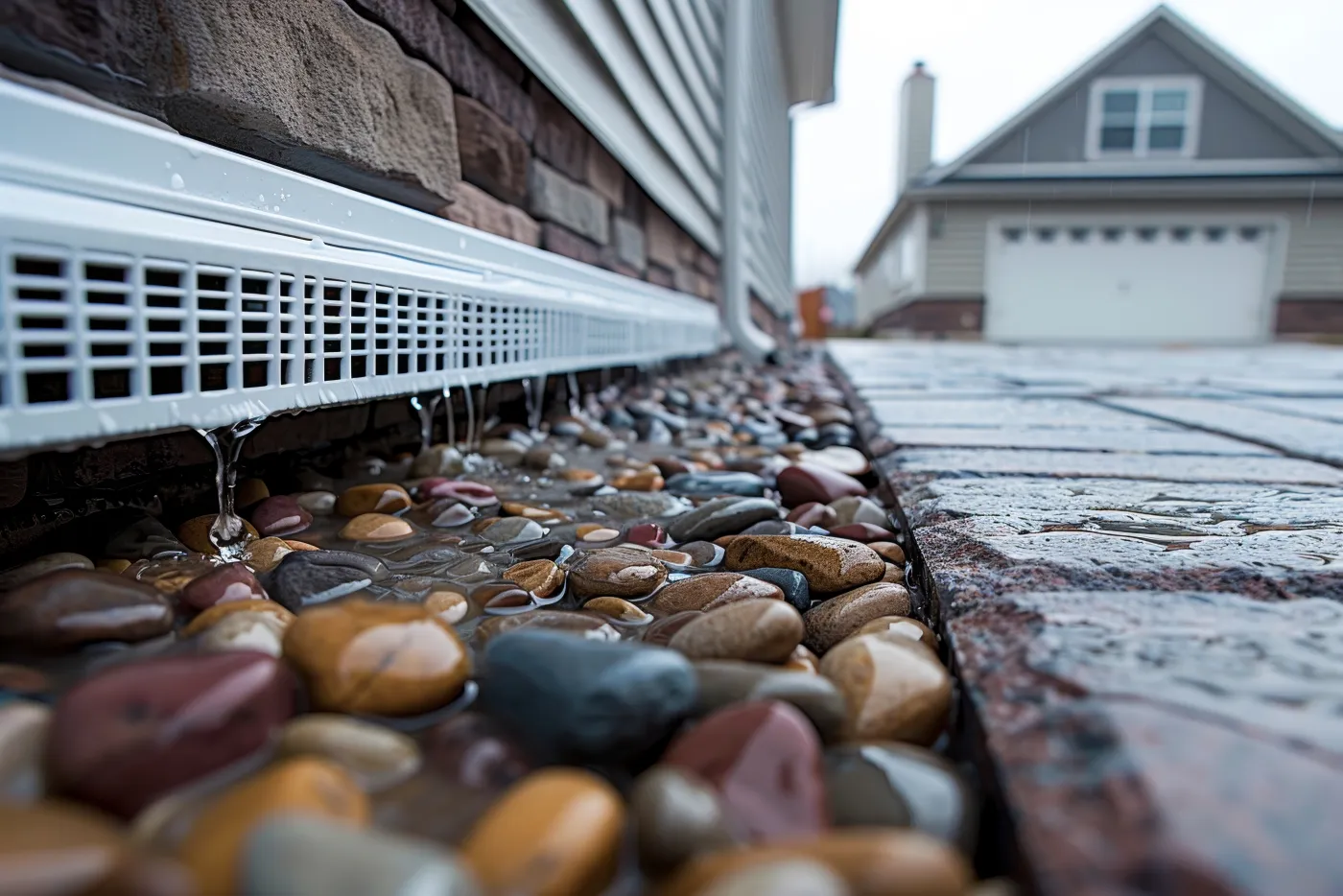 Rainwater draining off a downspout into a rock bed away from a home's foundation in central Indiana