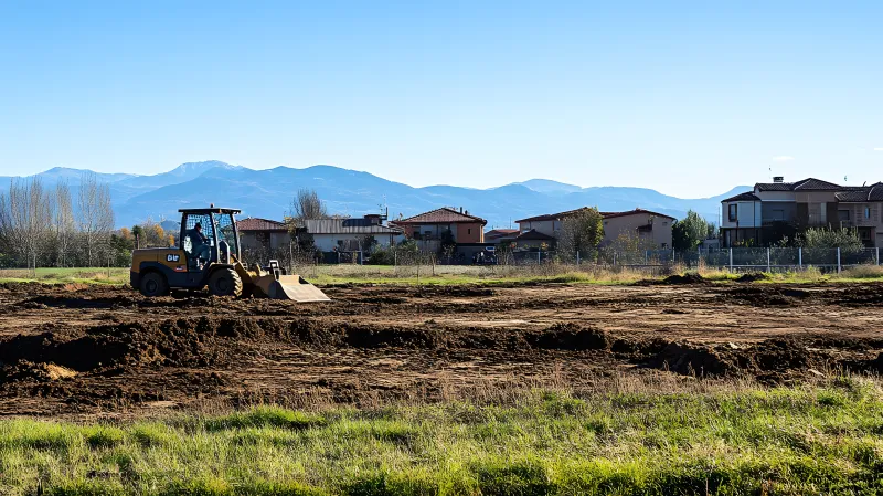 Loader grading and leveling a residential building lot for site preparation near Shelbyville, Indiana